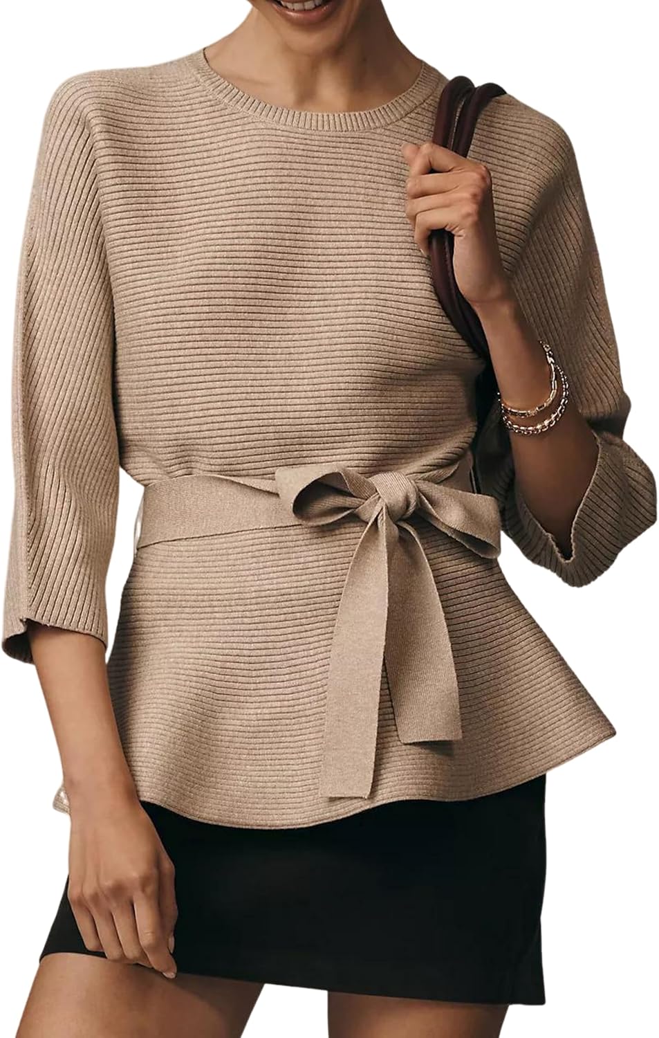 Yeokou Womens Ribbed Belted Sweater 3/4 Sleeve Crew Neck Pullover Tunic Top Spring Fall Casual Loose Fit Knitwear
