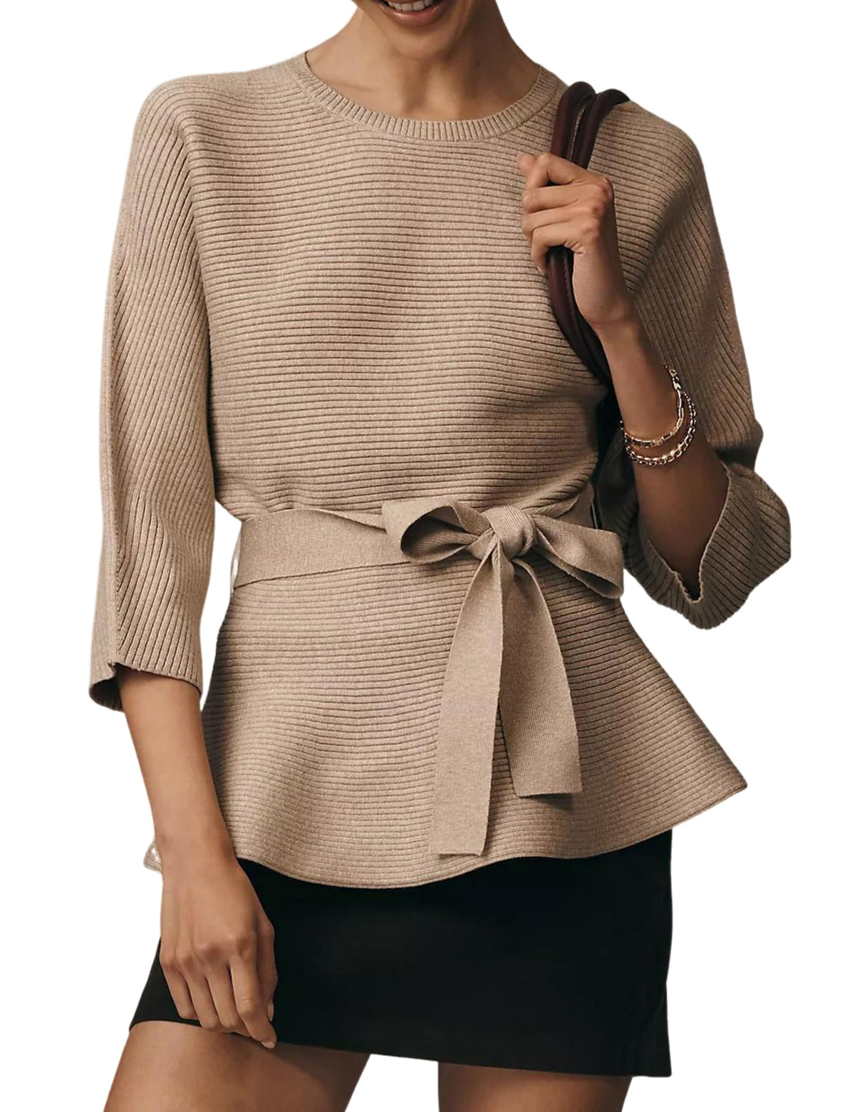 Yeokou Womens Ribbed Belted Sweater 3/4 Sleeve Crew Neck Pullover Tunic Top Spring Fall Casual Loose Fit Knitwear