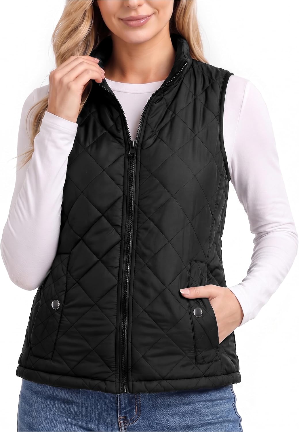 Diamond Quilted Puffer Vest Women Stand Collar Lightweight Vest