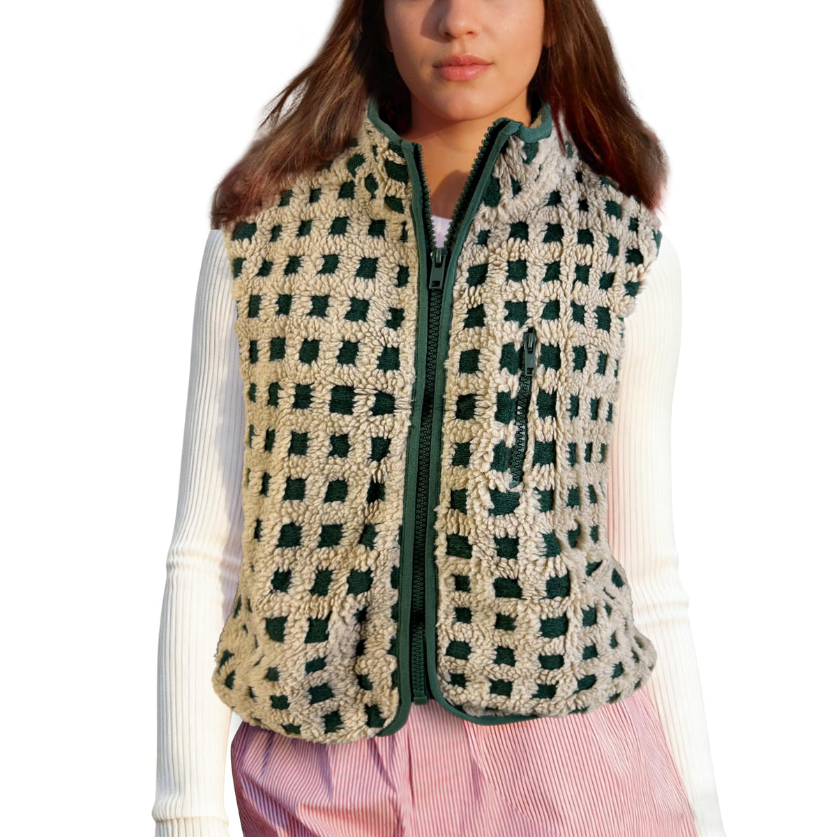 SeeLuNa Plaid Fleece Vest Women Sleeveless Sherpa Vest Full Zip Jacket