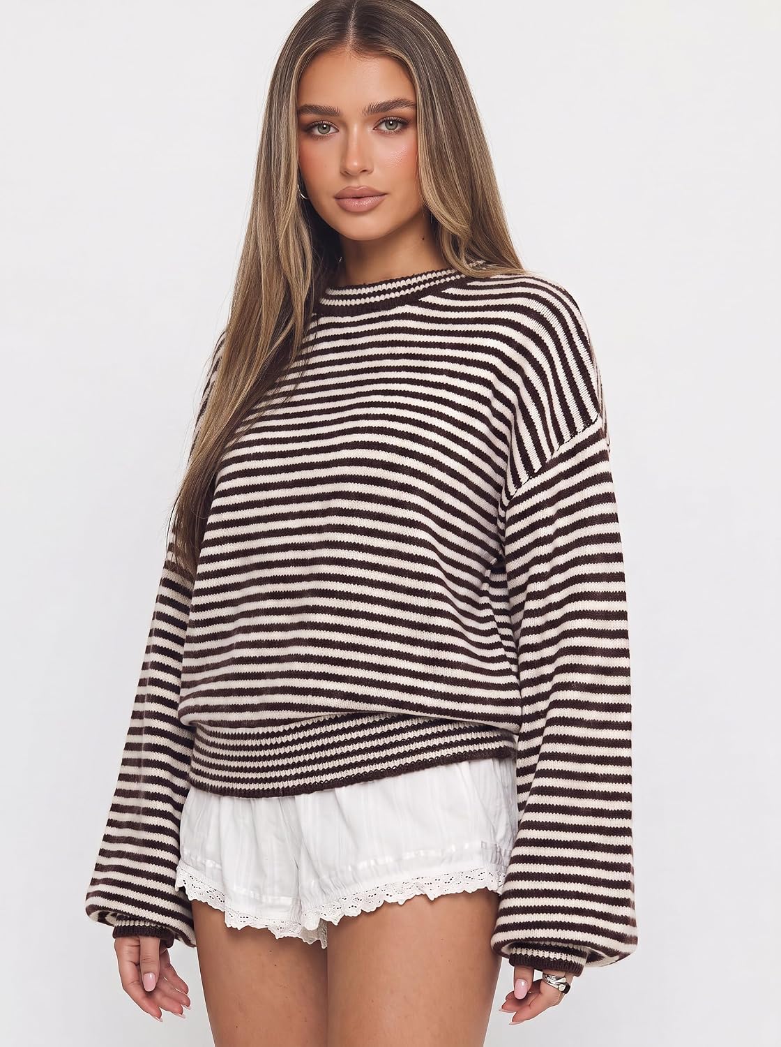 QINSEN Women's Crewneck Oversized Sweater Striped Long Sleeve Pullover Top