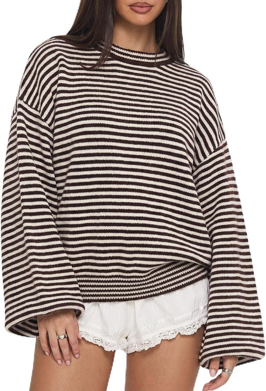 QINSEN Women's Crewneck Oversized Sweater Striped Long Sleeve Pullover Top