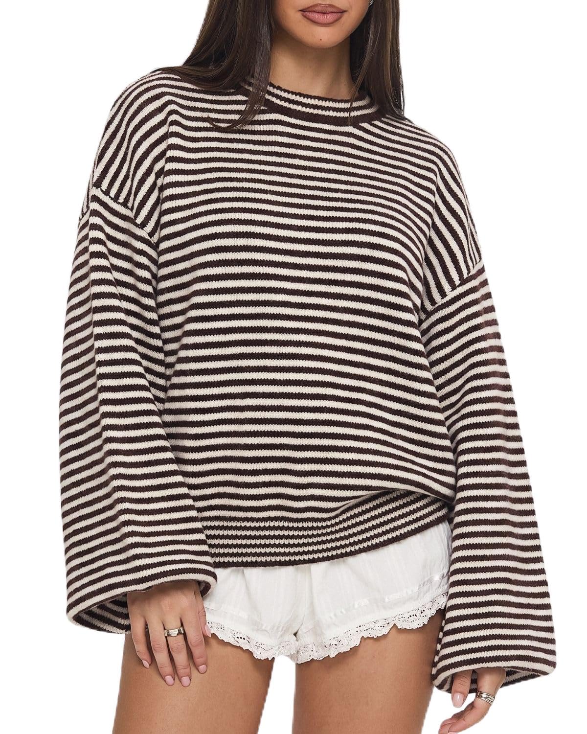 QINSEN Women's Crewneck Oversized Sweater Striped Long Sleeve Pullover Top