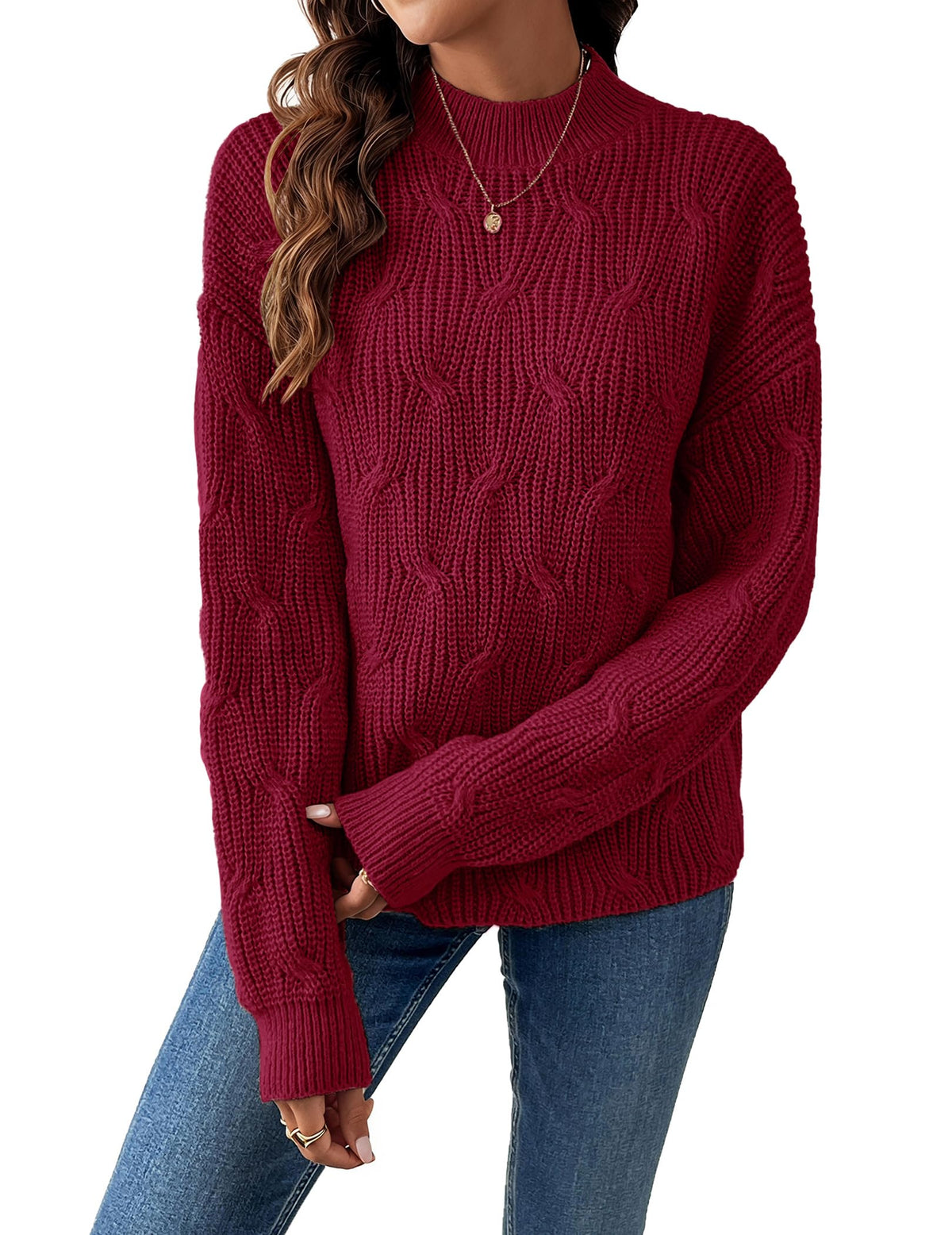 Womens Dressy Mockneck Cable Knit Long Sleeve Sweater Fall 2026 Oversized Chunky Ribbed Cuffs Knit Pullover