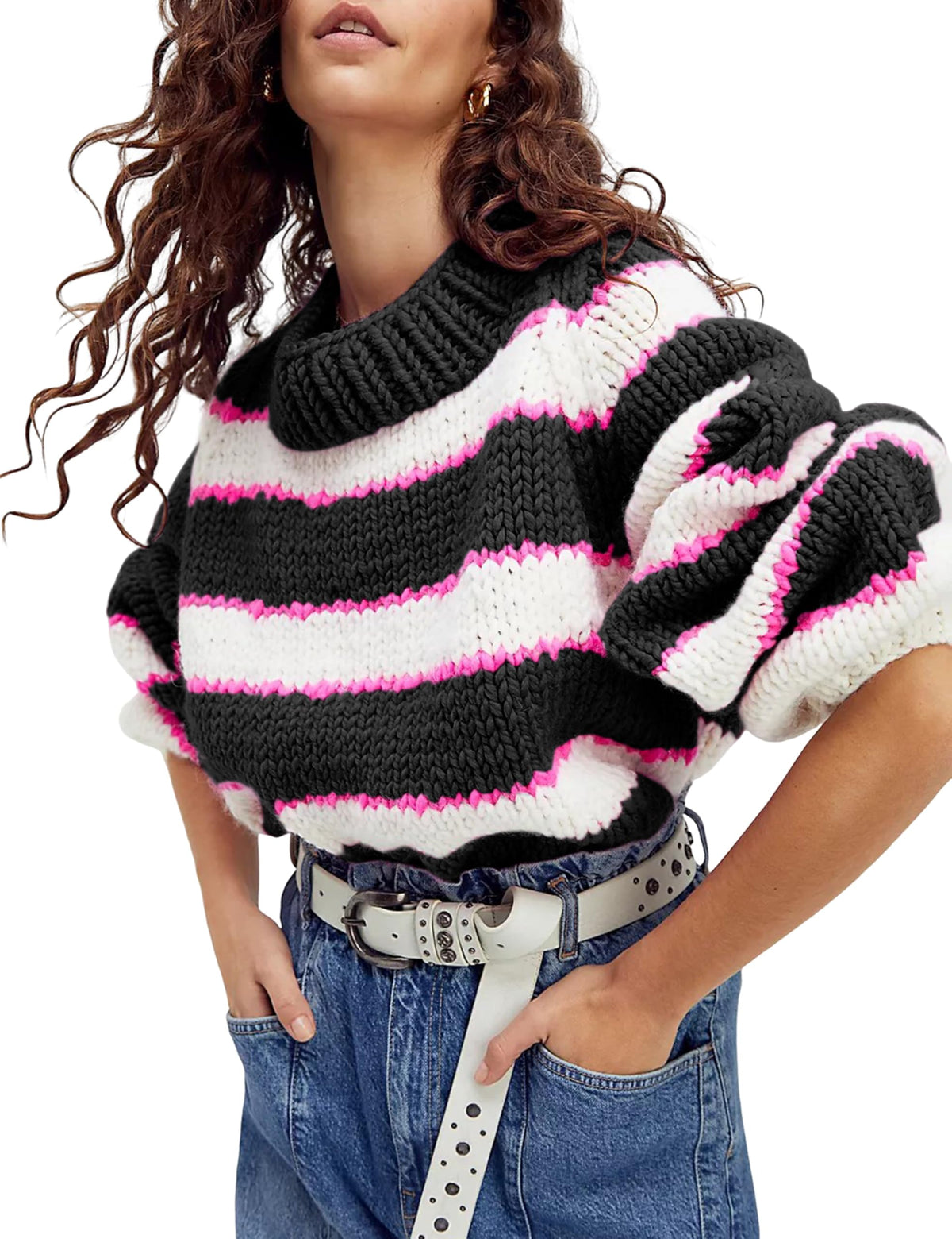 Yeokou Women Stripe Pullover Sweater Turtleneck Ribbed Knit Top Casual Fall Winter Chunky Knitwear