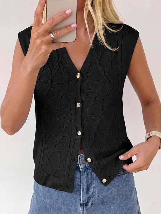 BTFBM Vest Tops for Women Summer V Neck Button Loose Lightweight Cardigan Knit Cap Sleeve Sweater Vests Fashion Clothing