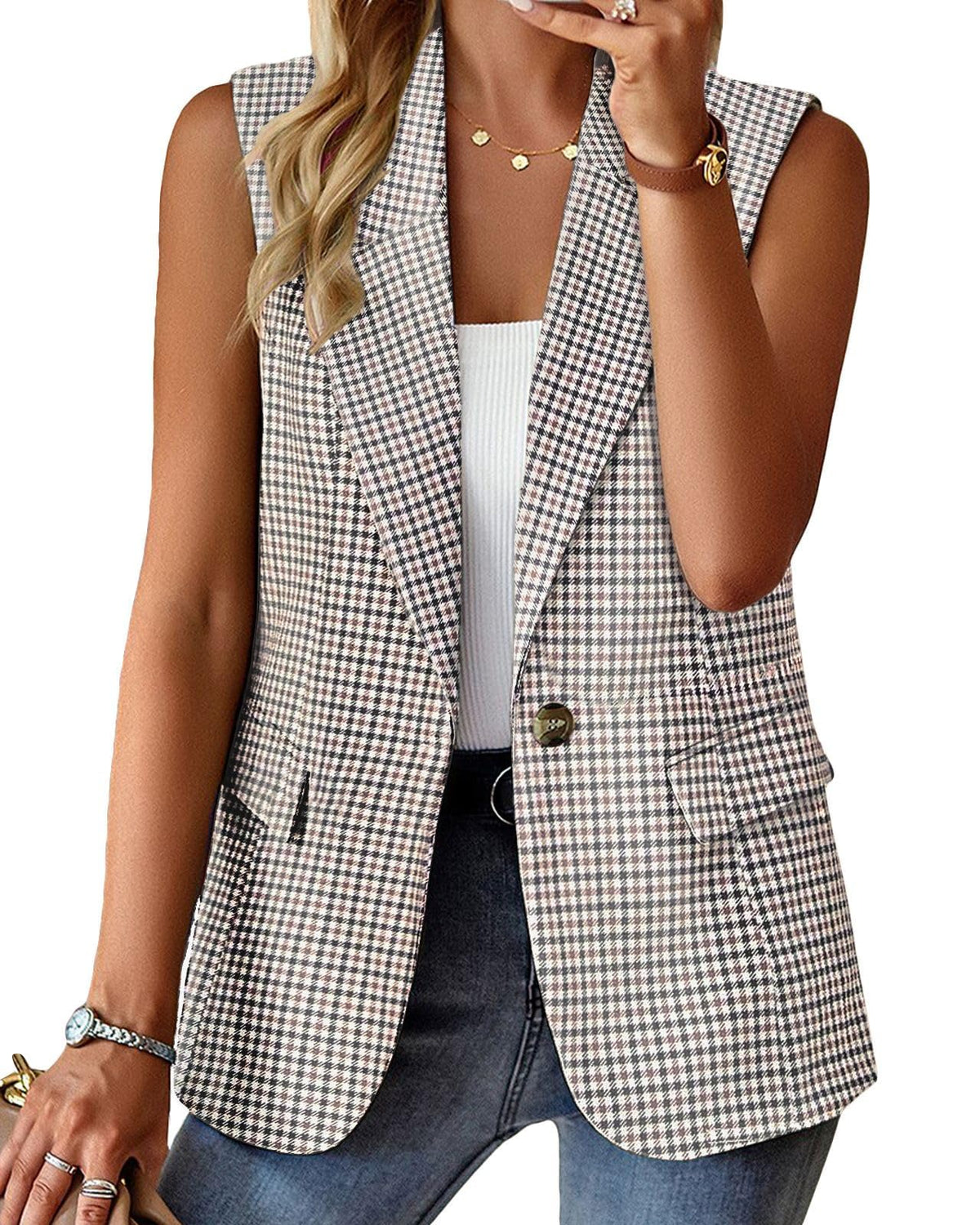 Mina Self Women's Sleeveless Vest Tops Open Front Lightweight Blazer Jacket