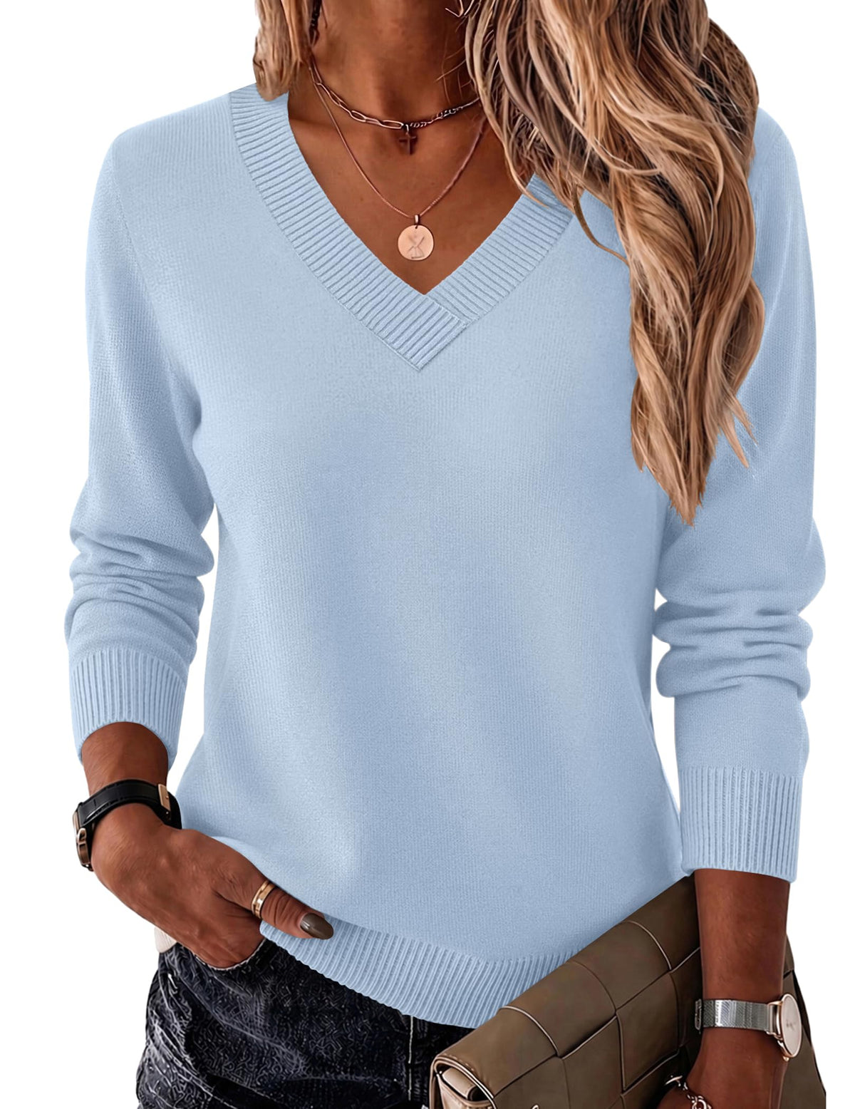 Zeagoo Womens V Neck Sweaters Long Sleeve Tops Lightweight Fall Clothes