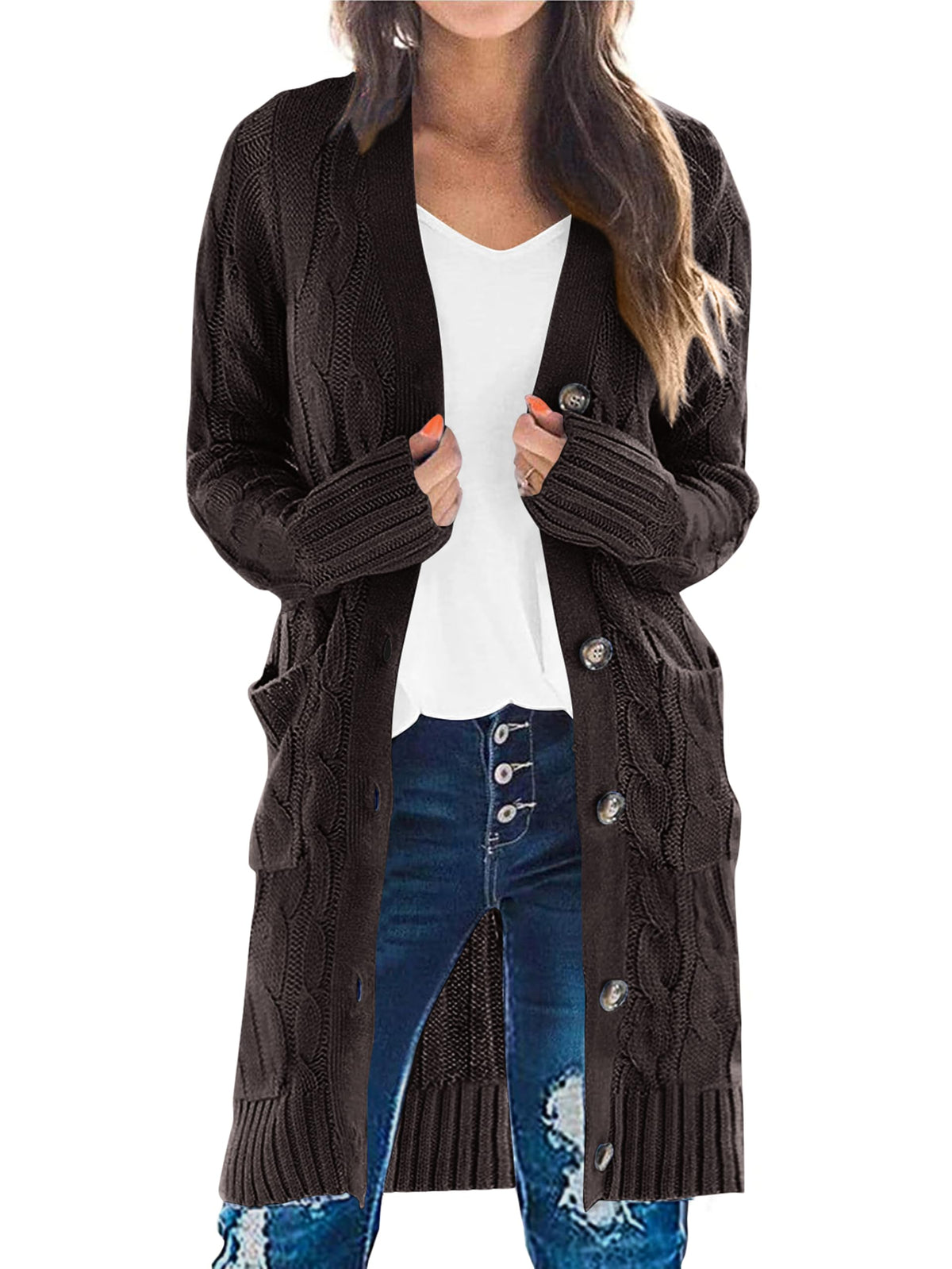 PRETTYGARDEN Womens Cable Knit Button Long Cardigan Sweaters