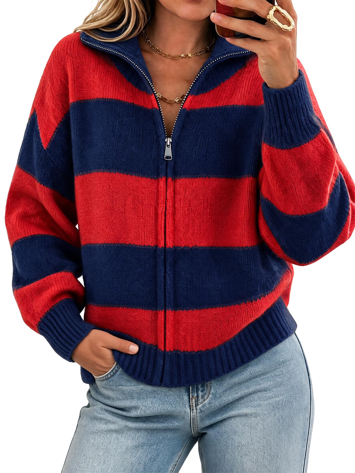 Cicy Bell Women Striped Color Block Cardigan Zip Long Sleeve Knit Sweater