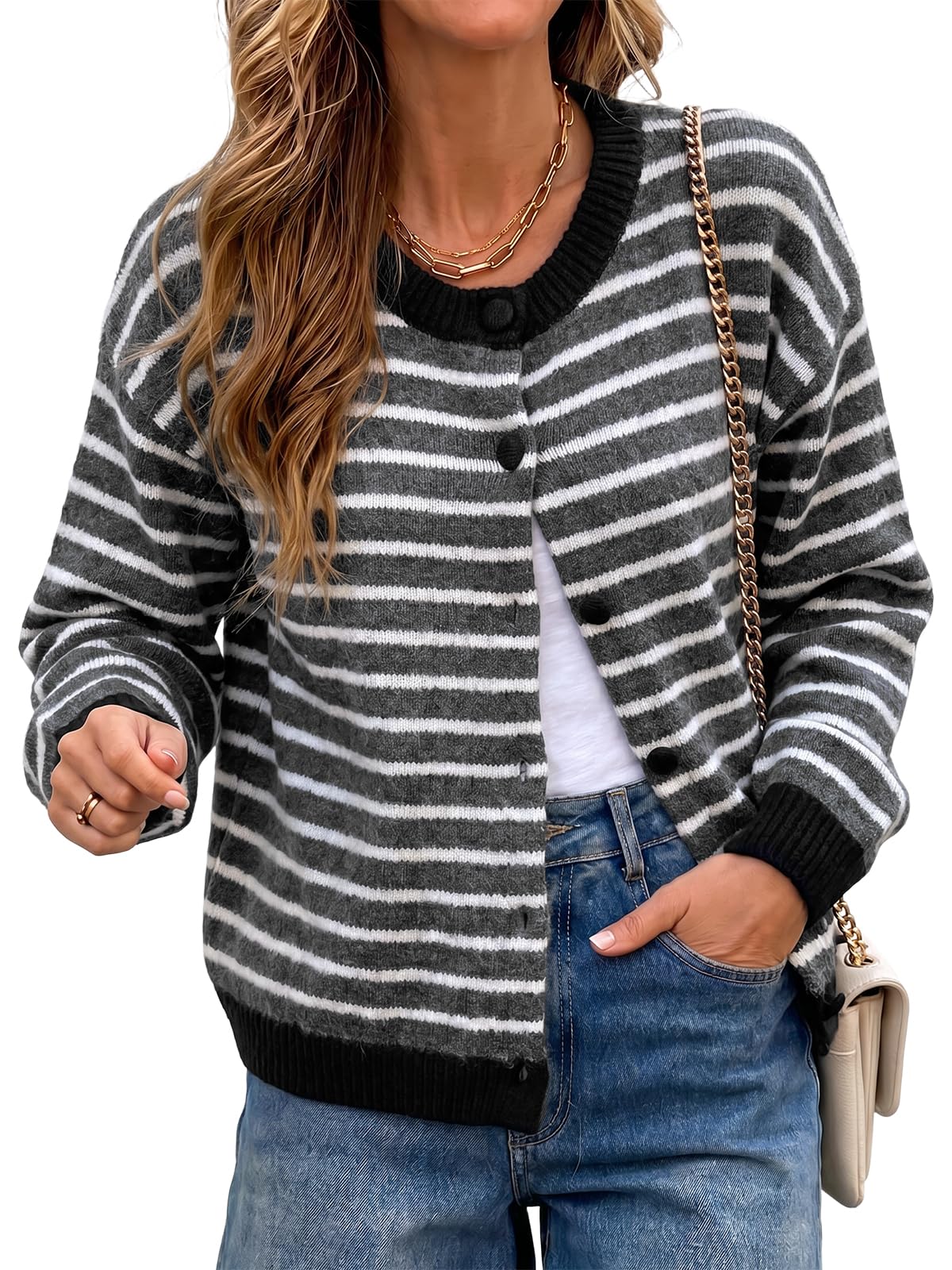 Cicy Bell Women Striped Cardigan Sweater Button Down Crewneck Knitwear