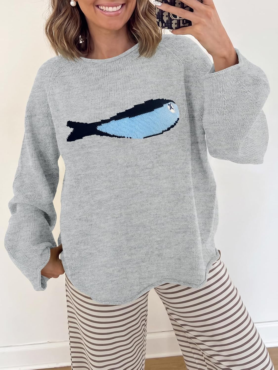 Tankaneo Womens Fish Graphic Oversized Sweaters Lightweight Knit Pullover