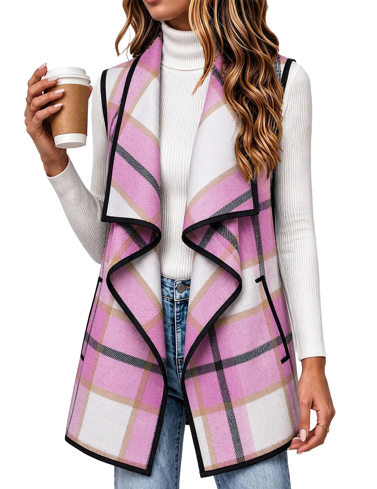 Zeagoo Women Vest Long Plaid Jackets Sleeveless Flannel Coats with Pockets