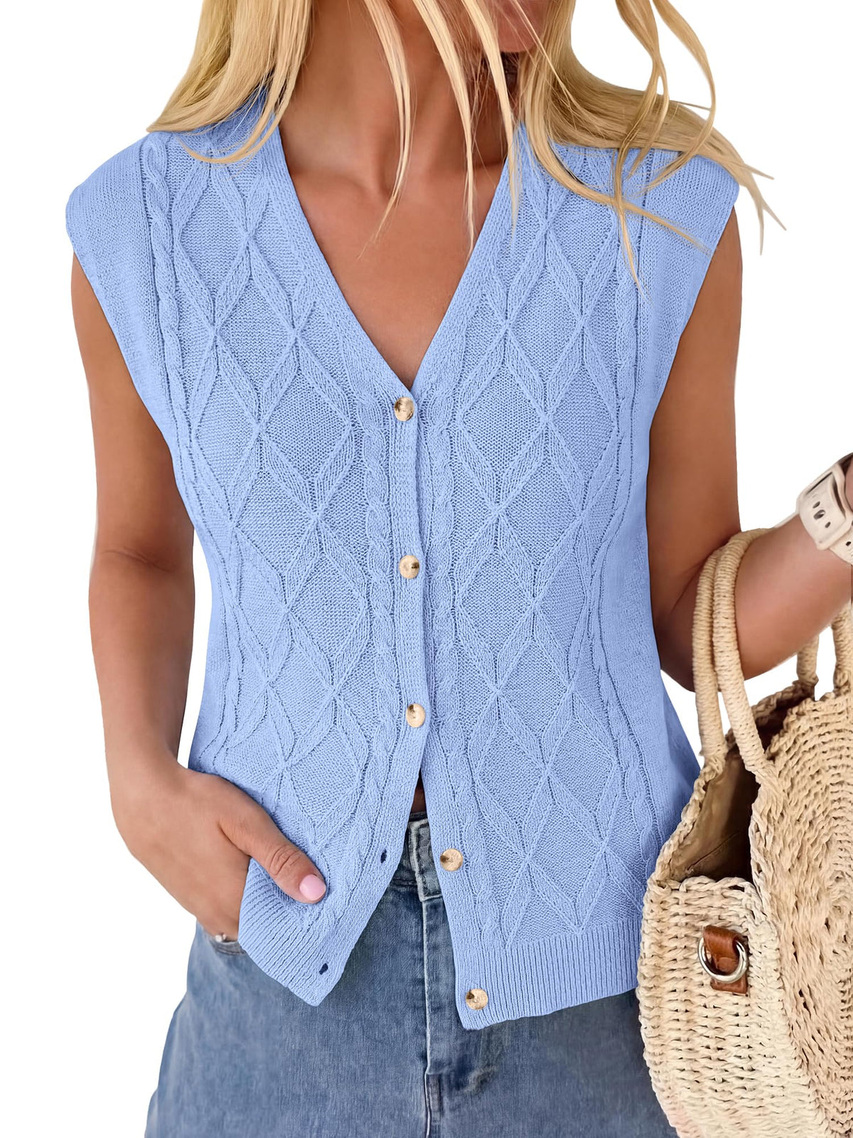 BTFBM Vest Tops for Women Summer V Neck Button Loose Lightweight Cardigan Knit Cap Sleeve Sweater Vests Fashion Clothing