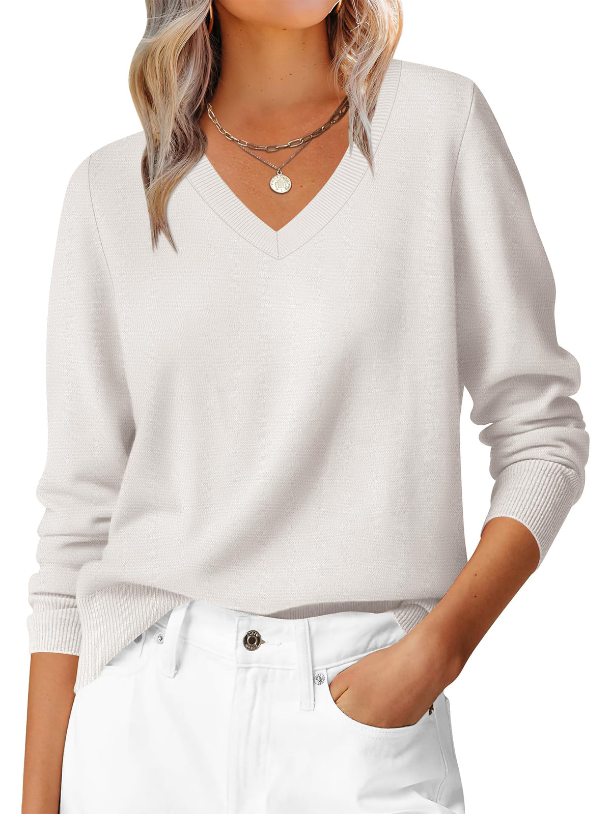 ANRABESS Women’s Fall Long Sleeve V Neck Lightweight Sweaters Top