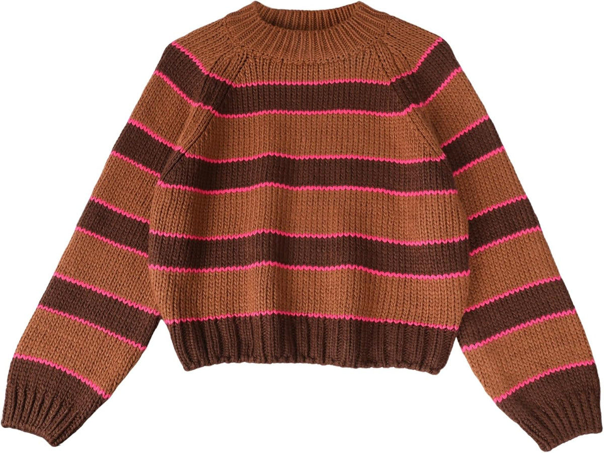 Yeokou Women Stripe Pullover Sweater Turtleneck Ribbed Knit Top Casual Fall Winter Chunky Knitwear