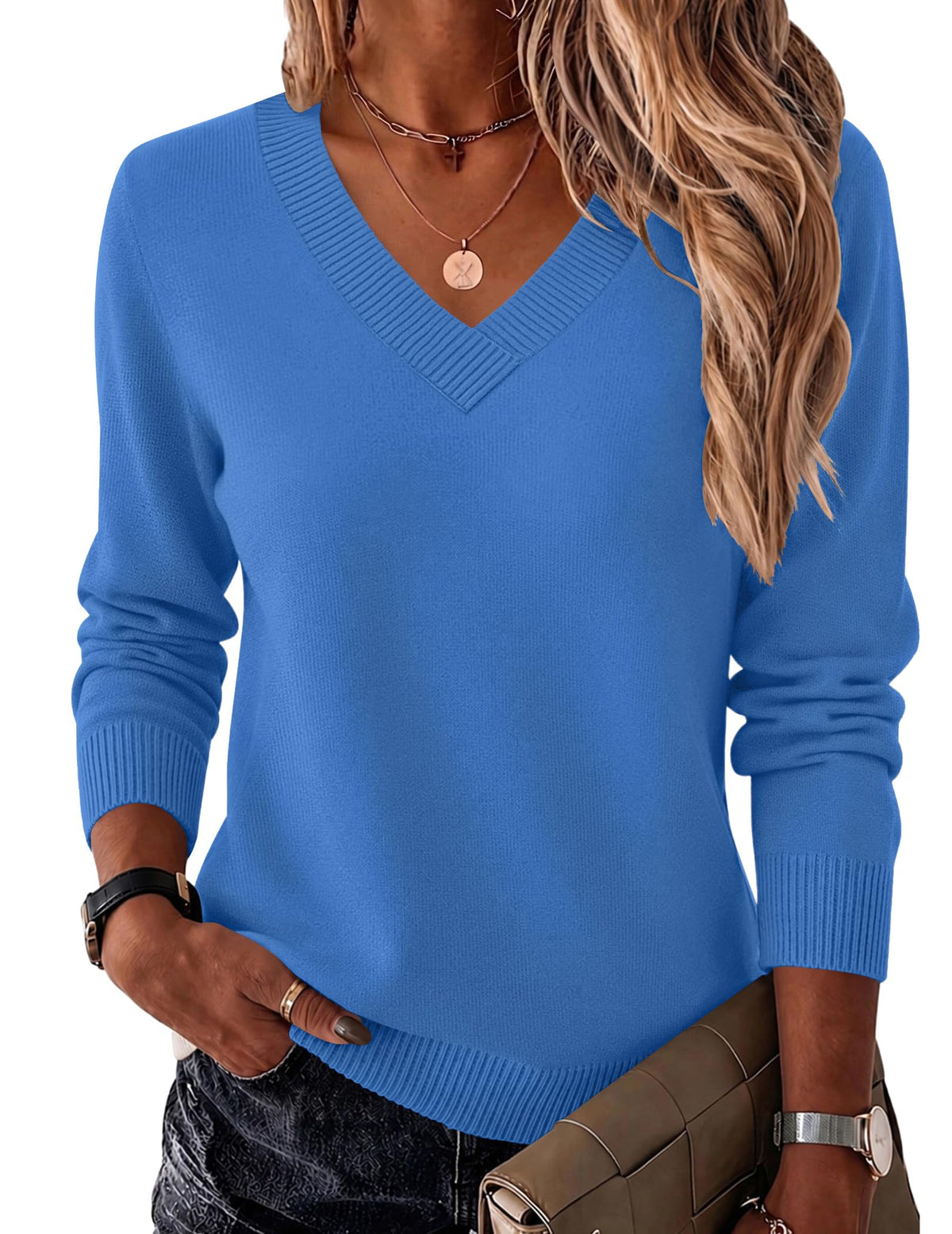 Zeagoo Womens V Neck Sweaters Long Sleeve Tops Lightweight Fall Clothes