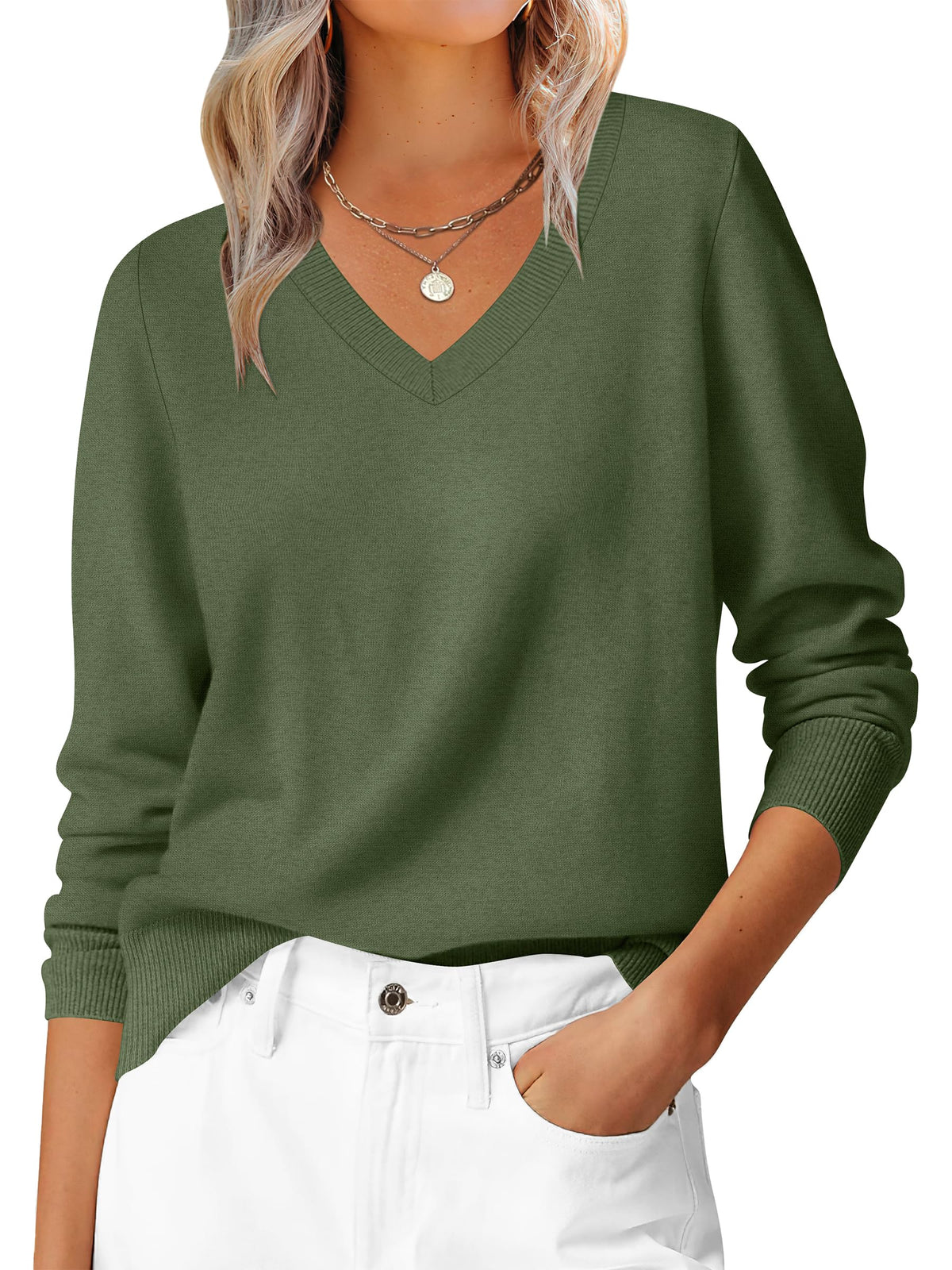 ANRABESS Women’s Fall Long Sleeve V Neck Lightweight Sweaters Top