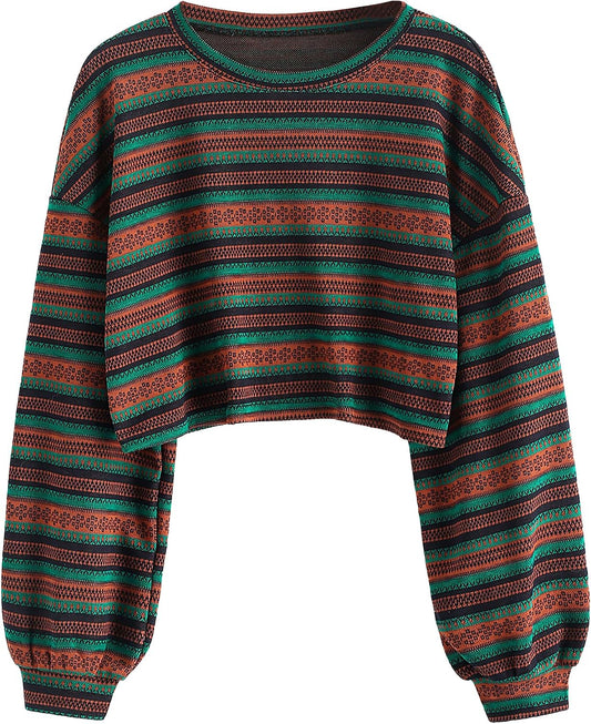 ZAFUL Women's Tribal Ethnic Graphic Cropped Knitwear Bohemian Long Sleeve Pullover Sweater Boho Drop Shoulder Knitted Top