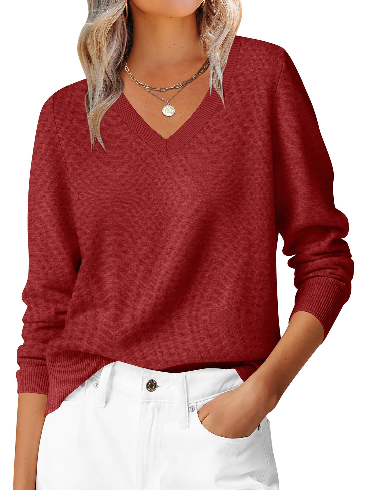 ANRABESS Women’s Fall Long Sleeve V Neck Lightweight Sweaters Top