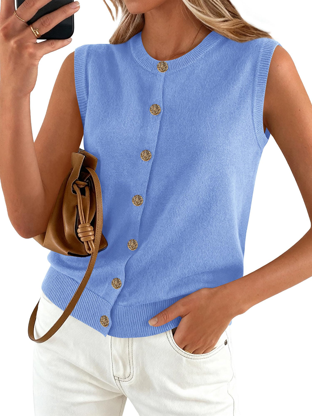 BTFBM Sweater Vest Women Casual Crewneck Loose Button Down Knit Sleeveless Cardigan 2026 Spring Clothes Summer Vest Tops