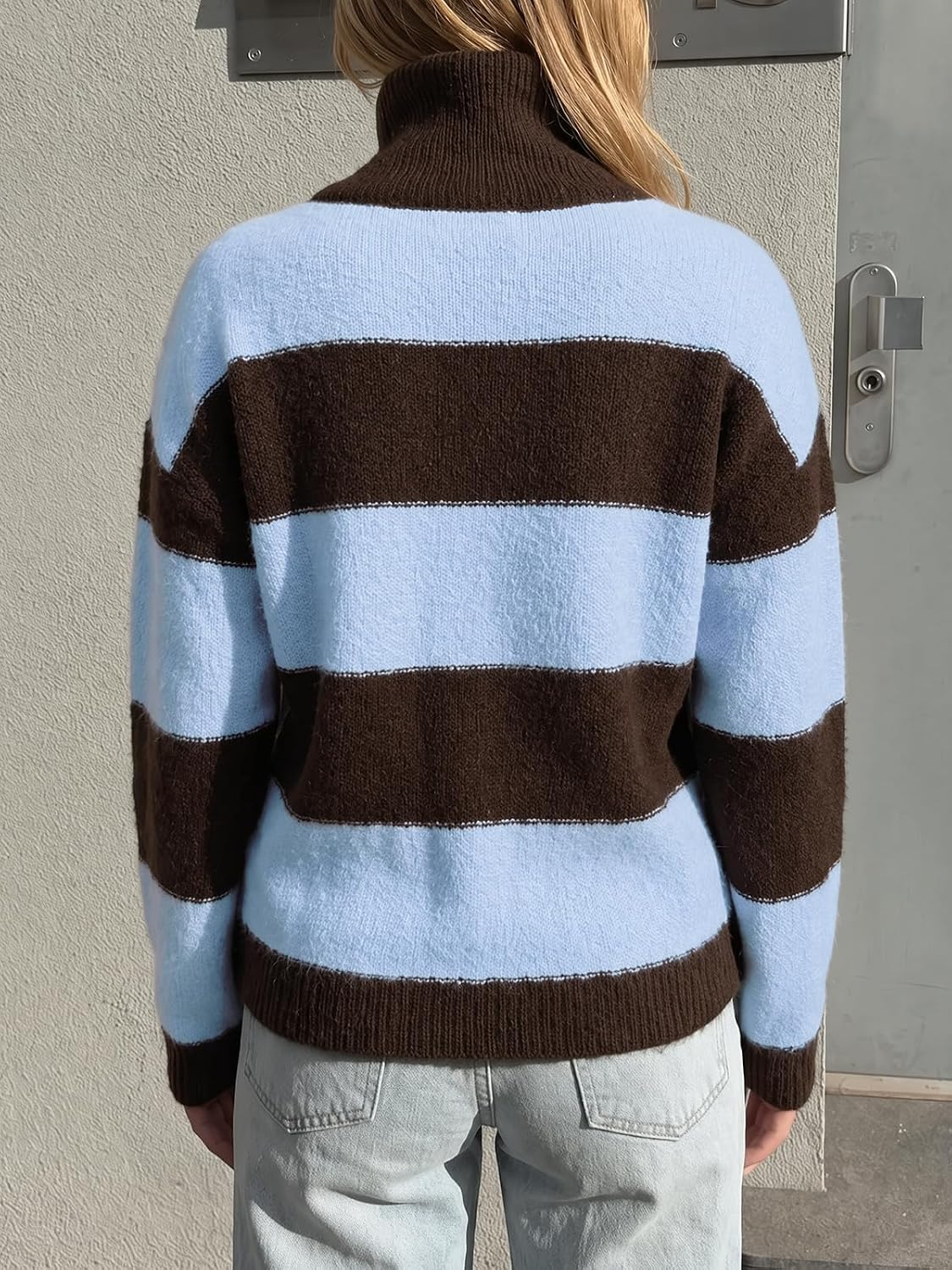 Cicy Bell Women Striped Color Block Cardigan Zip Long Sleeve Knit Sweater