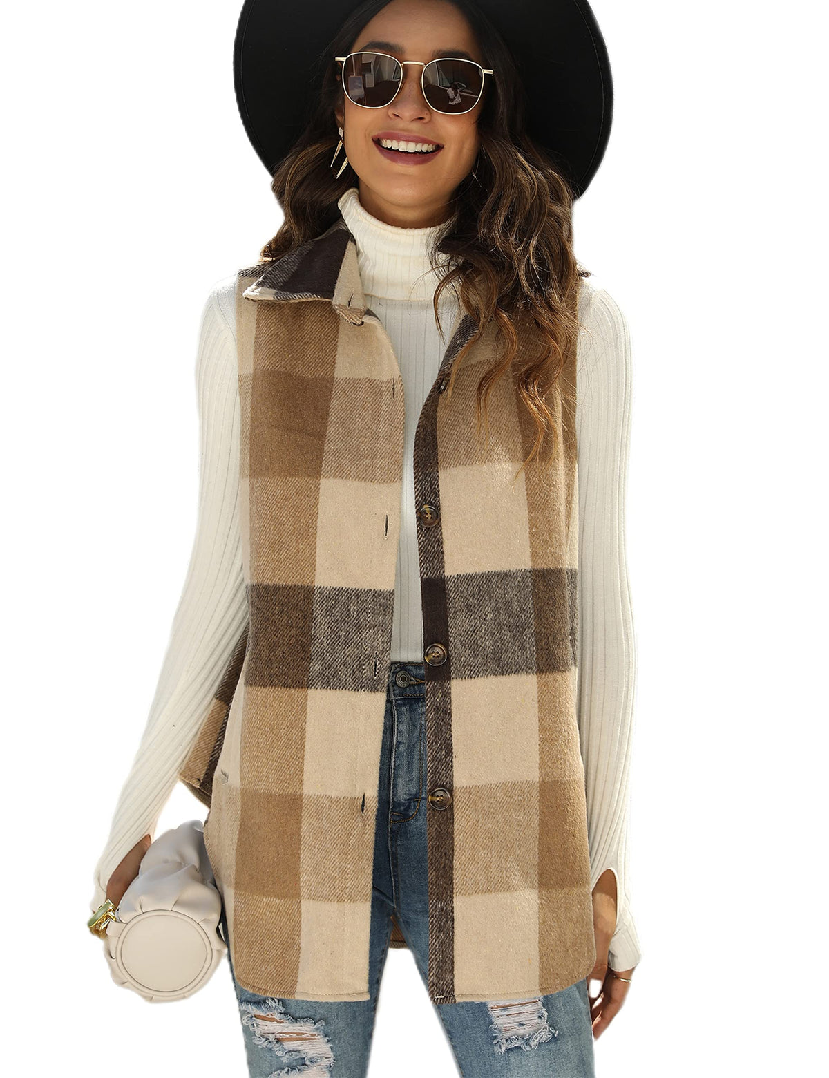 Tanming Women's Plaid Vest Fall Flannel Sleeveless Shacket
