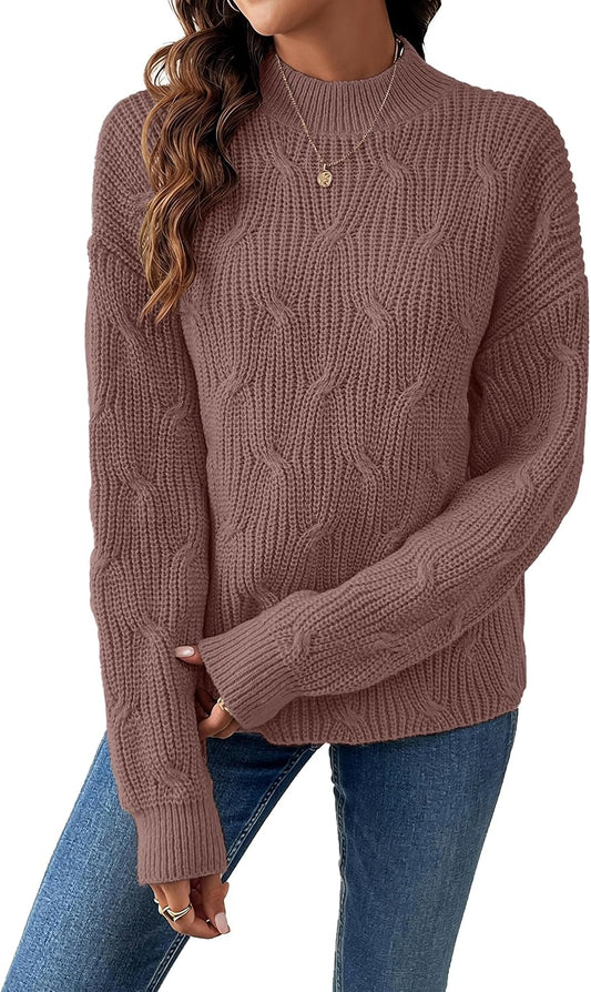 Womens Dressy Mockneck Cable Knit Long Sleeve Sweater Fall 2026 Oversized Chunky Ribbed Cuffs Knit Pullover