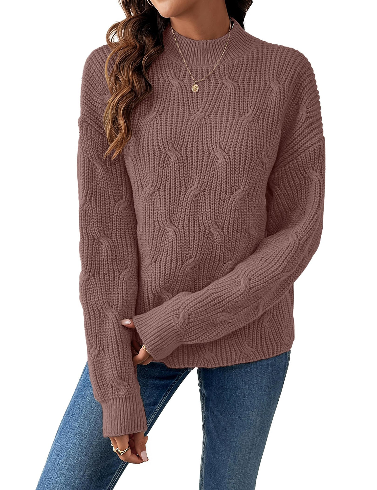 Womens Dressy Mockneck Cable Knit Long Sleeve Sweater Fall 2026 Oversized Chunky Ribbed Cuffs Knit Pullover