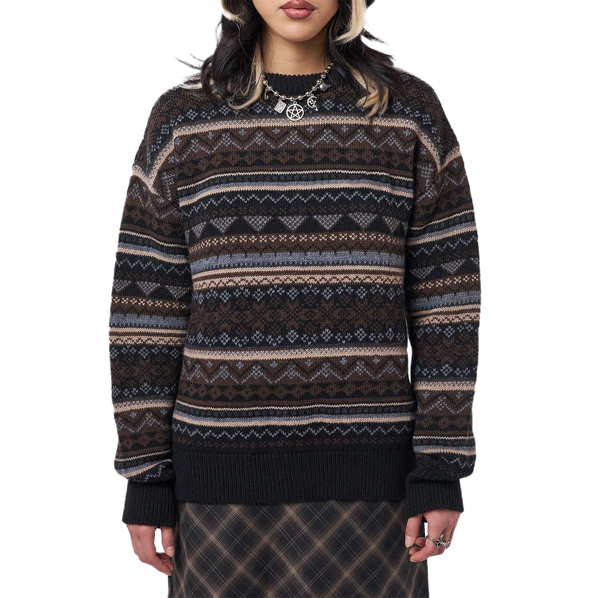 Women Y2K Argyle Striped Pullover Sweater Casual Long Sleeve Round Neck Vintage Preppy Style Pullover Knitwear