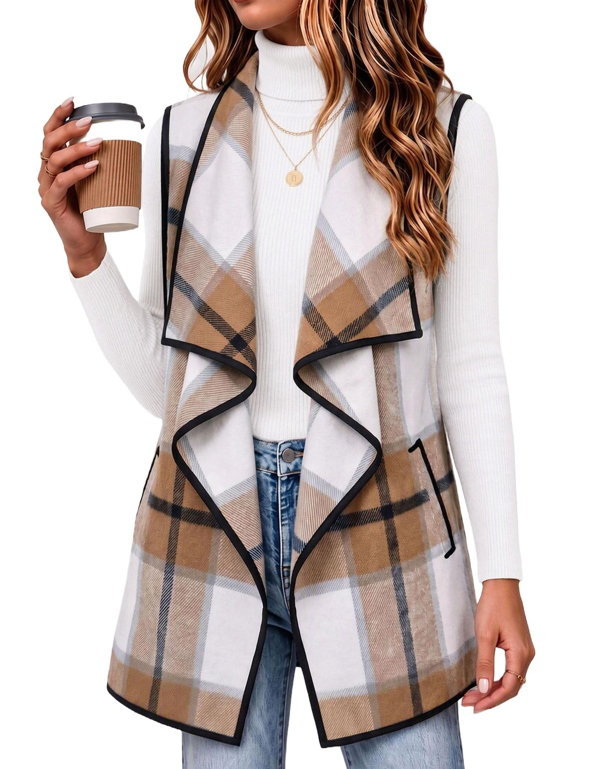 Zeagoo Women Vest Long Plaid Jackets Sleeveless Flannel Coats with Pockets