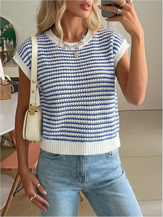 MakeMeChic Women's Summer Striped Sweater Vest Crochet Cap Sleeve Crewneck Knit Pullover Tops