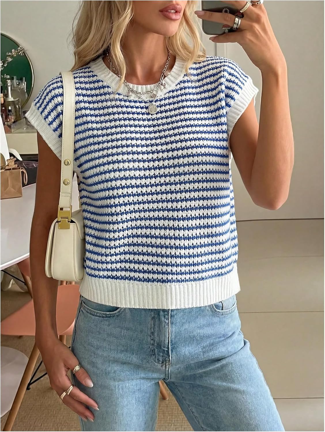 MakeMeChic Women's Summer Striped Sweater Vest Crochet Cap Sleeve Crewneck Knit Pullover Tops