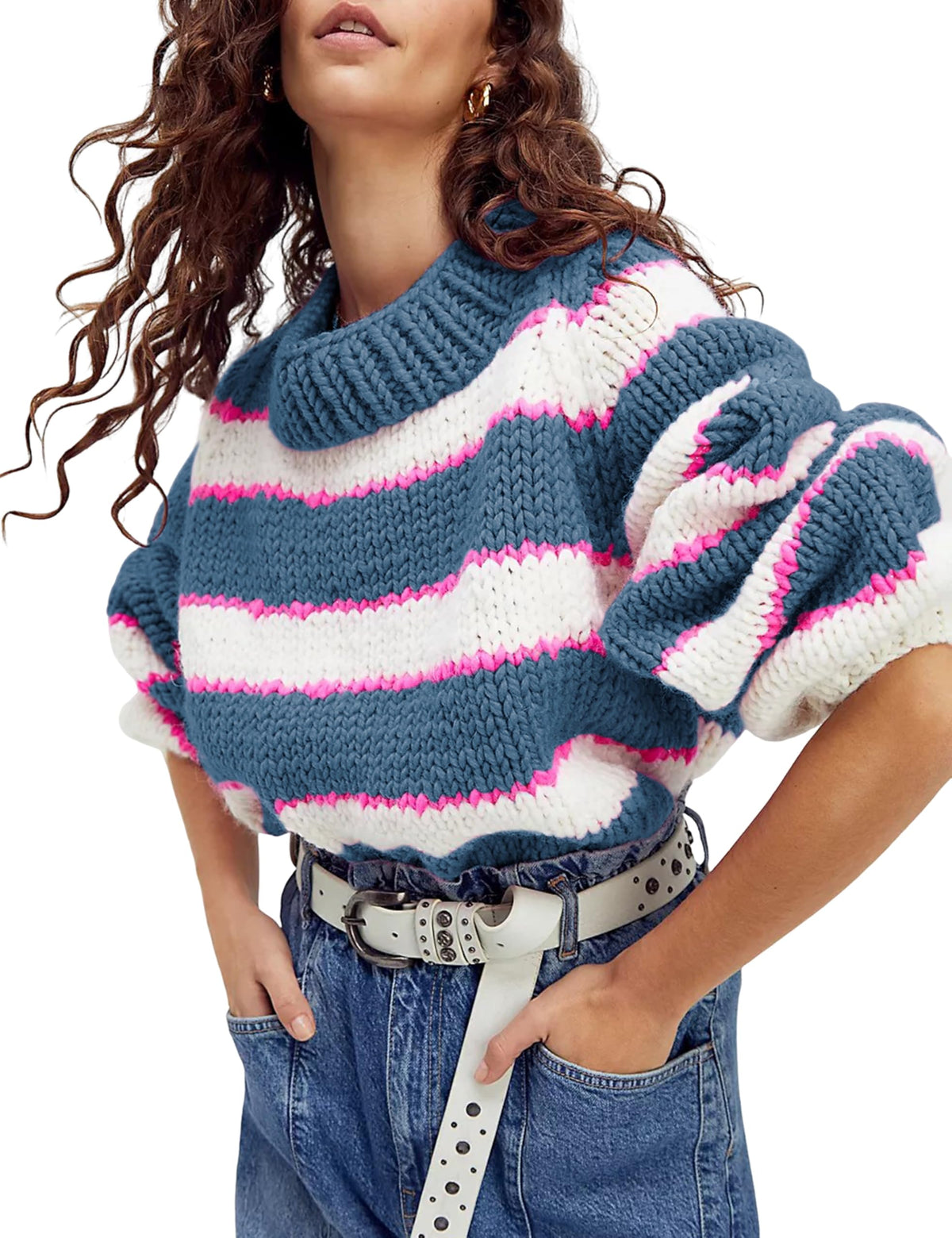Yeokou Women Stripe Pullover Sweater Turtleneck Ribbed Knit Top Casual Fall Winter Chunky Knitwear