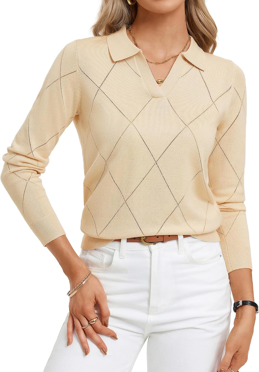 Kate Kasin Women Fall Pullover Sweaters Cozy, V Neck Knit Collared Polo Top