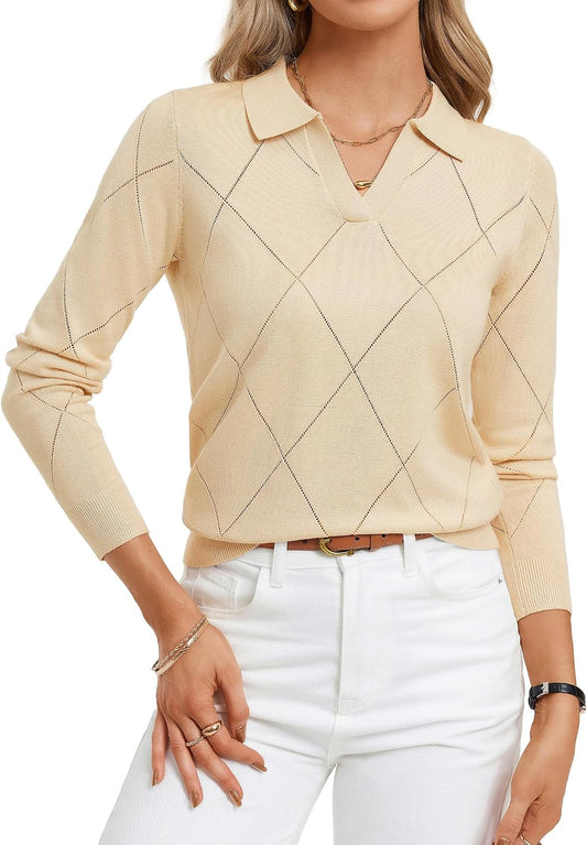 Kate Kasin Women Fall Pullover Sweaters Cozy, V Neck Knit Collared Polo Top