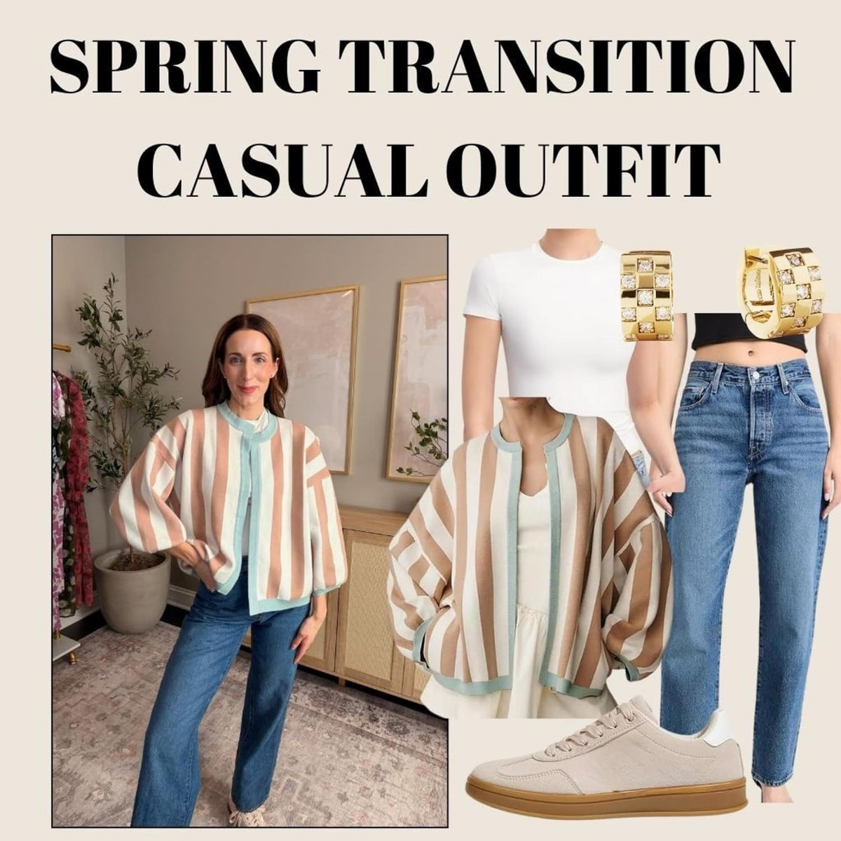 Women's Casual Loose Fit Striped Cardigan Long Balloon Sleeves Open Front Knit Sweater