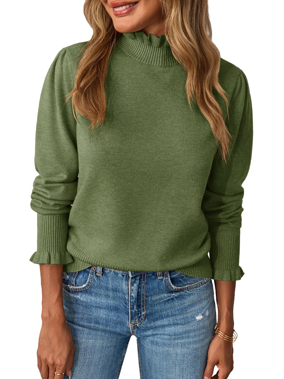 Saodimallsu Womens Ruffle Mock Neck Sweater Puff Sleeve Knit Pullover Tops