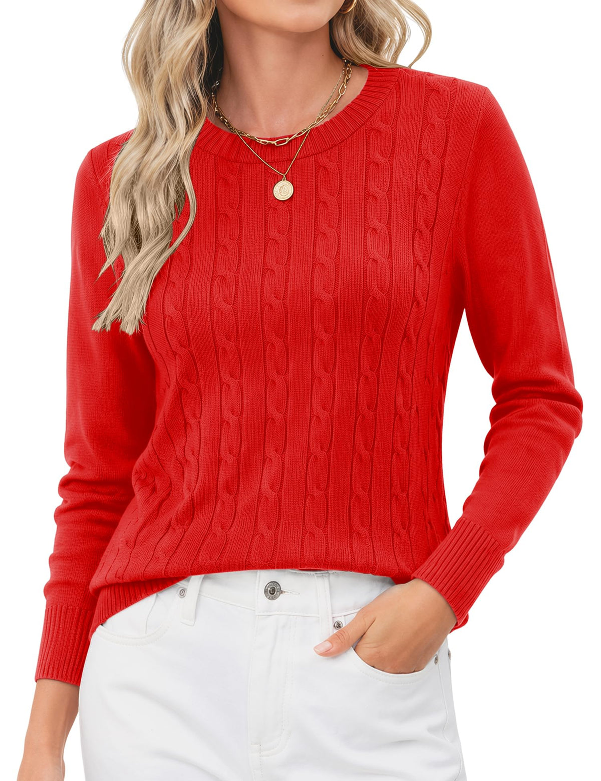 Rapbin Women's Contrast Trim Knit Sweater Long Sleeve Crew Neck Pullover