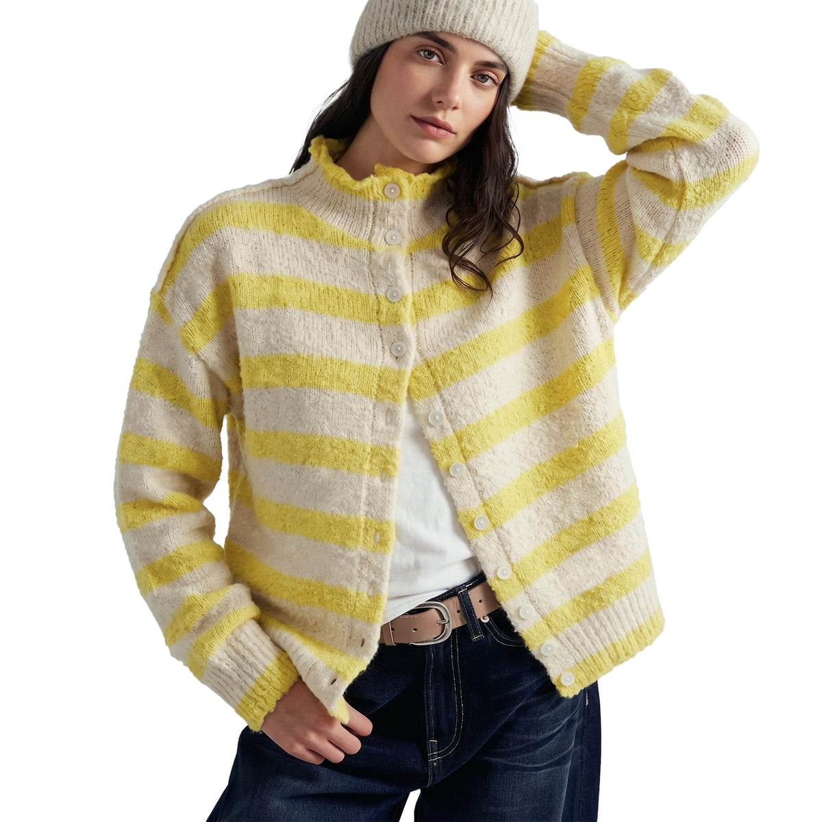 Womens Striped Cardigan Casual Long Sleeve Stand Collar Button Down Sweater Tops Lightweight Fall Fashion Knitwear