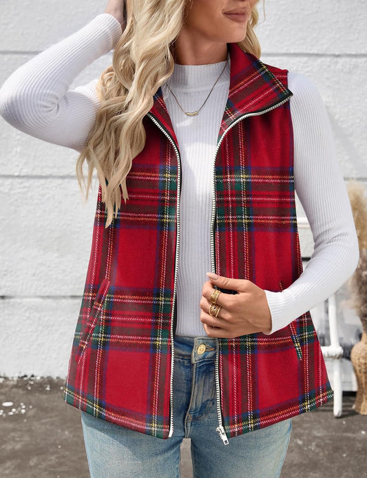 Rapbin Women's Plaid Outerwear Vests Tops Zip Up Collared Sleeveless Jacket with Pockects