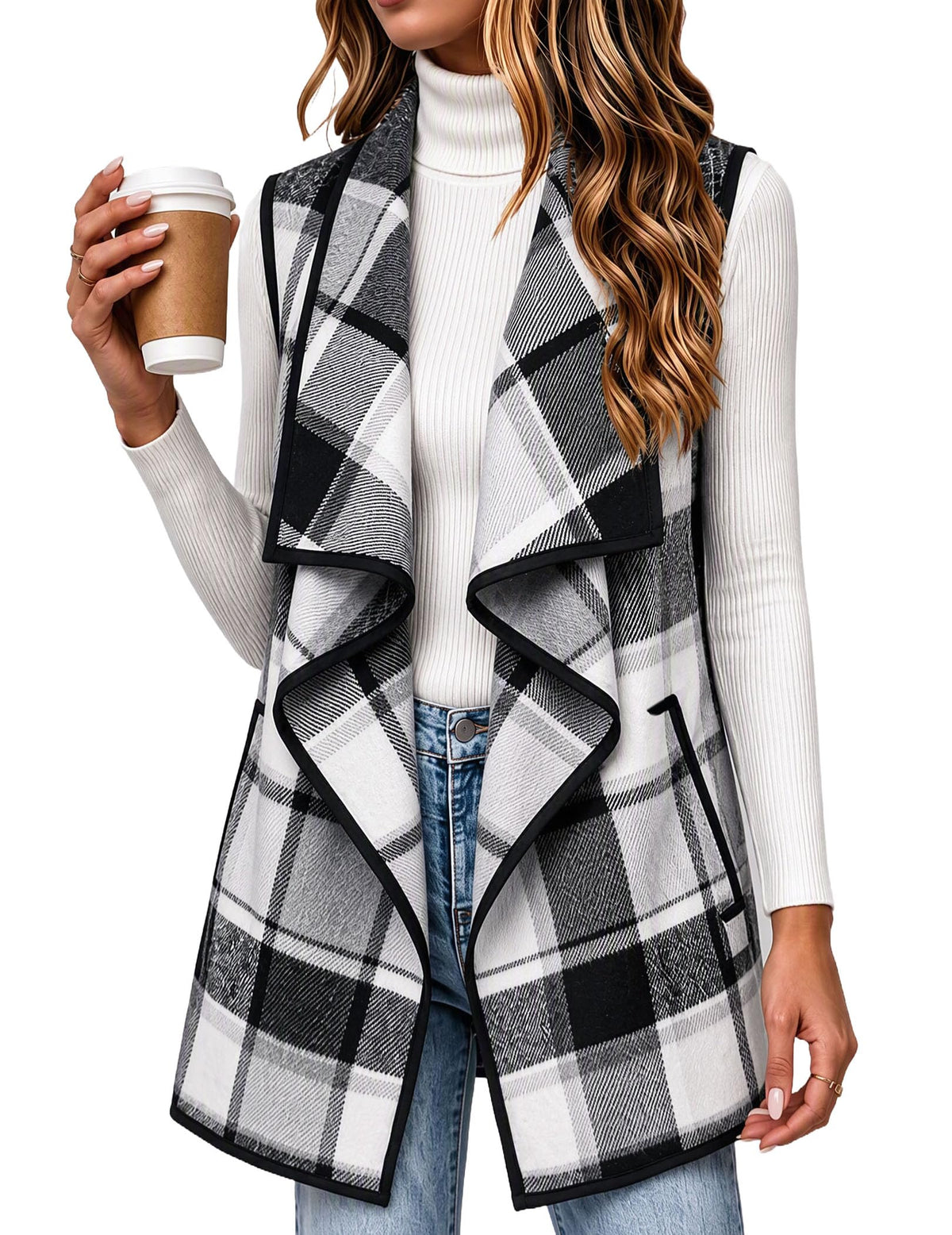 Zeagoo Women Vest Long Plaid Jackets Sleeveless Flannel Coats with Pockets