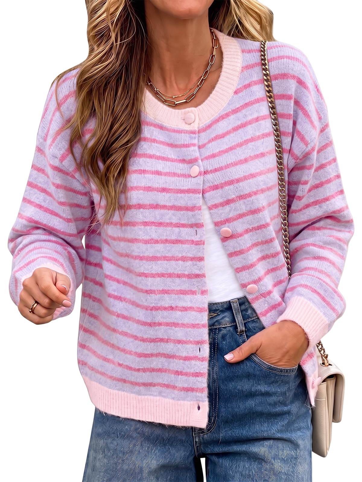Cicy Bell Women Striped Cardigan Sweater Button Down Crewneck Knitwear