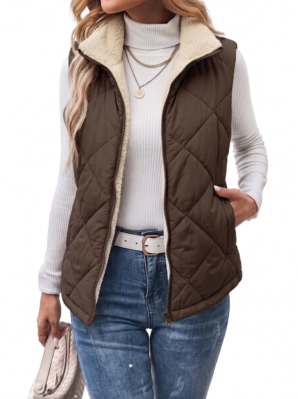 Dokotoo Womens Sherpa Fleece Vest Stand Collar Zip Up Puffer Quilted Jacket