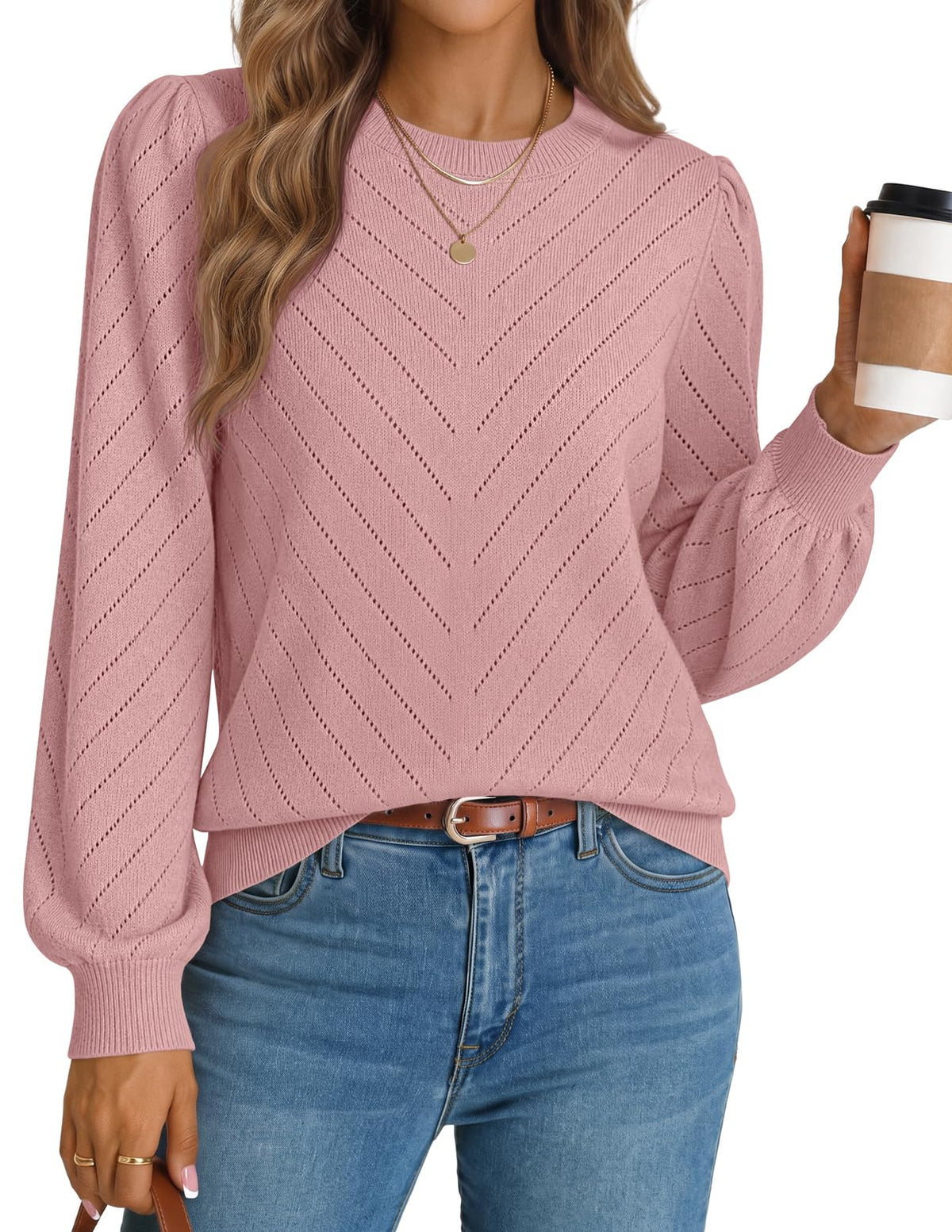 MEROKEETY Womens Fall Lightweight Sweater Long Sleeve Eyelet Pullover Tops