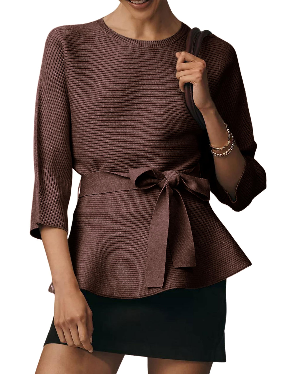 Yeokou Womens Ribbed Belted Sweater 3/4 Sleeve Crew Neck Pullover Tunic Top Spring Fall Casual Loose Fit Knitwear
