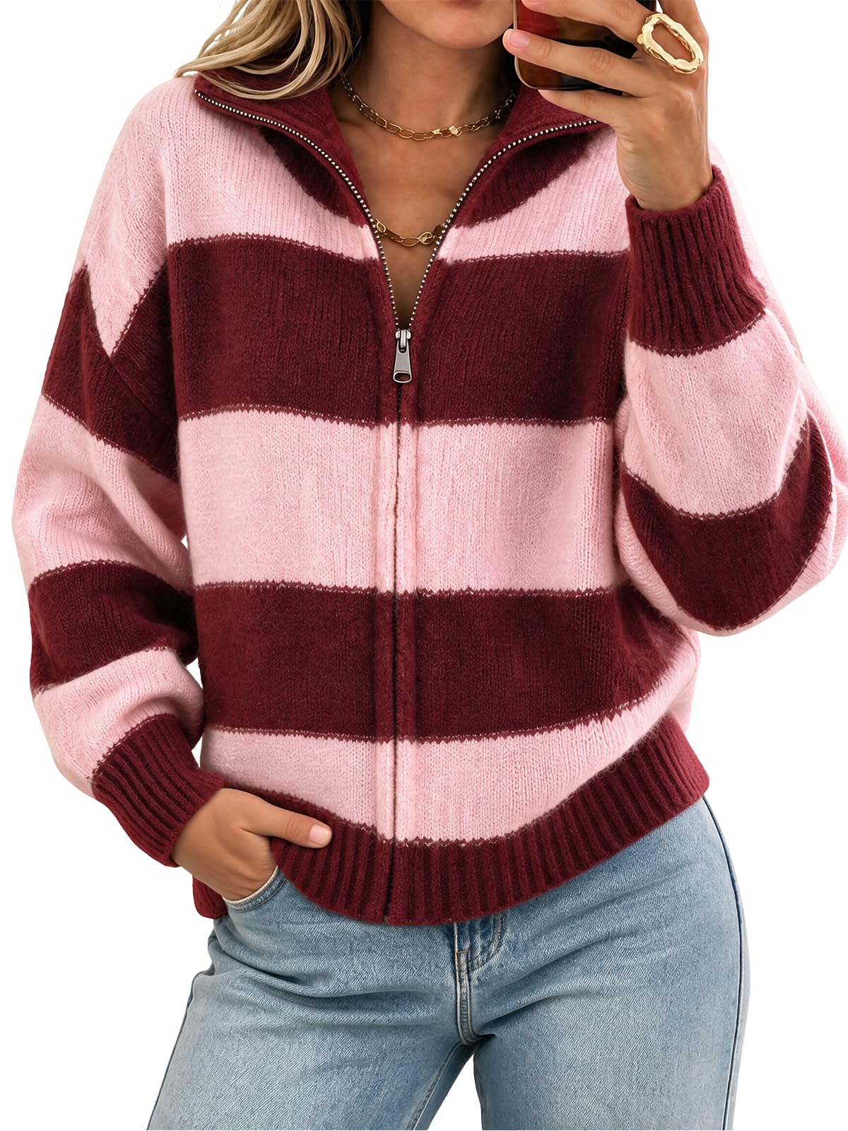 Cicy Bell Women Striped Color Block Cardigan Zip Long Sleeve Knit Sweater