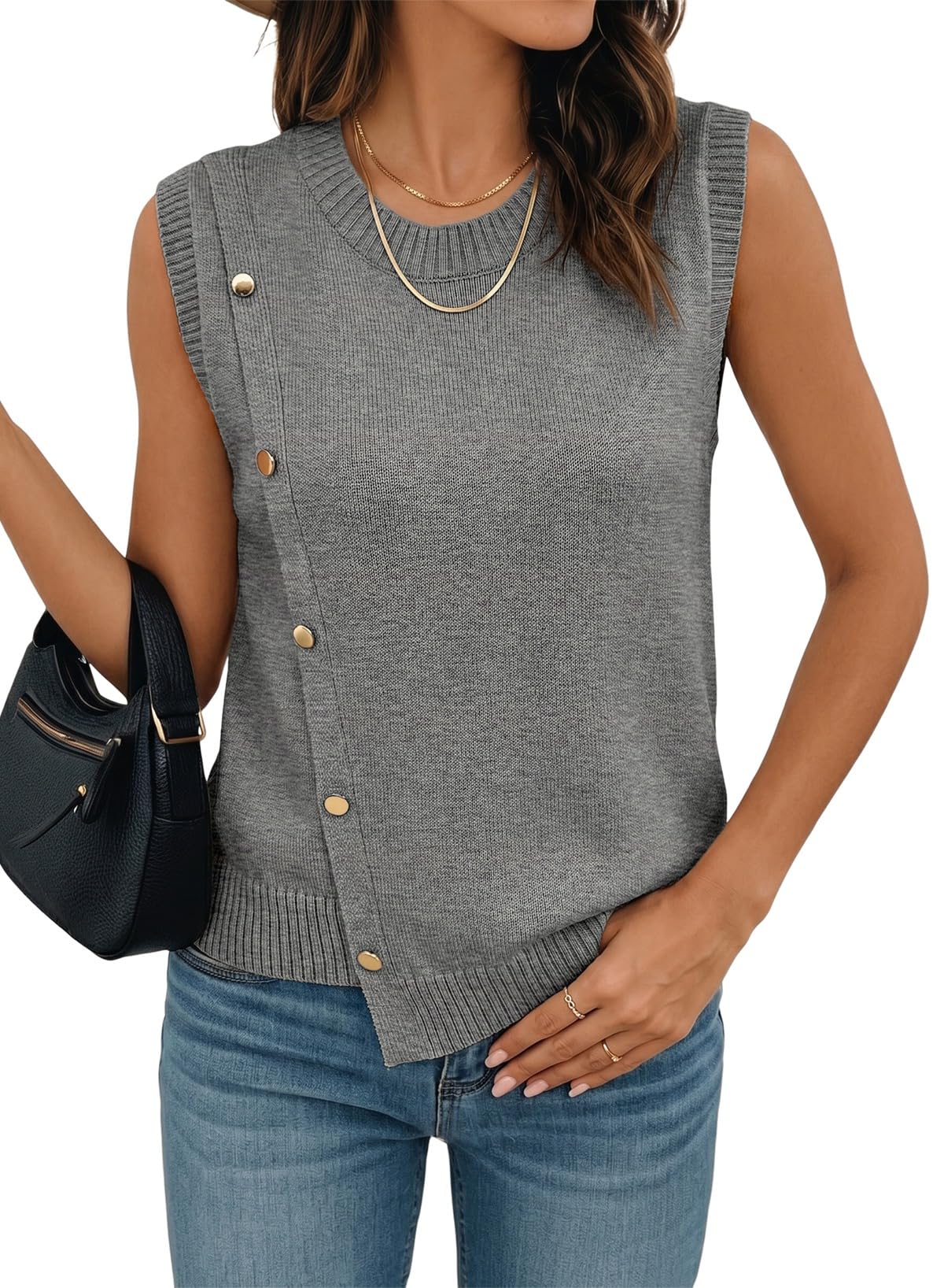 Pink Queen Women's Sleeveless Pullover Button Decor Knit Sweater Vest