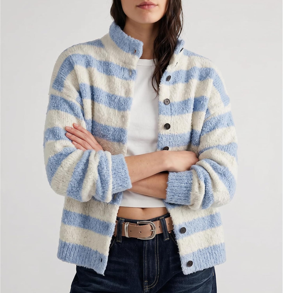 Womens Striped Cardigan Casual Long Sleeve Stand Collar Button Down Sweater Tops Lightweight Fall Fashion Knitwear
