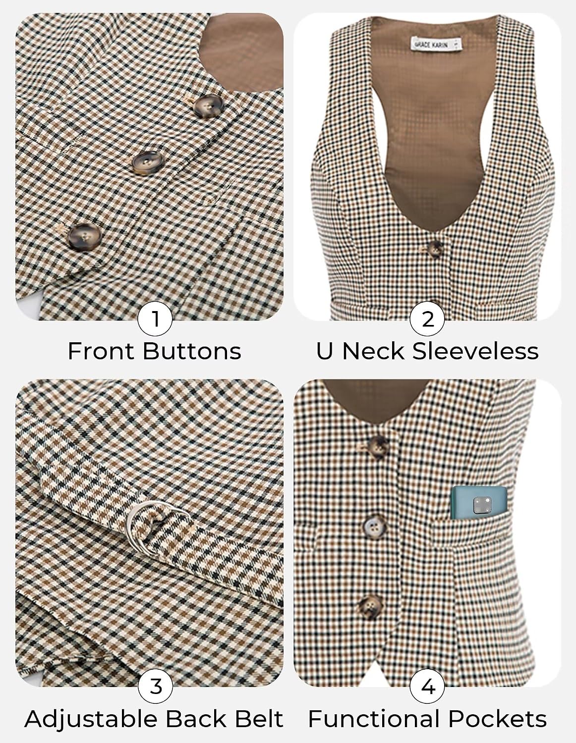 GRACE KARIN Women's Suit Vest Top, Dressy Casual Sleeveless Button Waistcoat, Fromal Steampunk Blazer for Work Office
